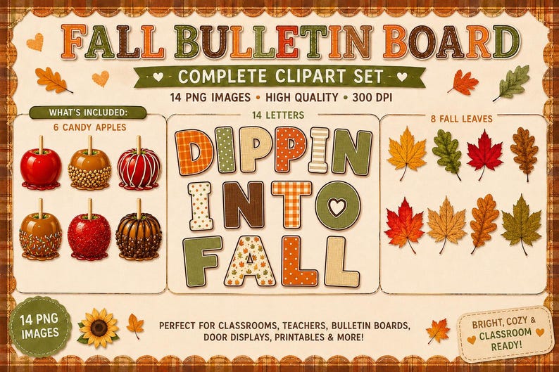 Pu&ograve; includere: Un set di clipart digitali intitolato Fall Bulletin Board contenente 14 immagini PNG. Il set include sei mele caramellate, 14 lettere che compongono DIPPIN INTO FALL con vari motivi e otto foglie autunnali nei toni del rosso, arancione, giallo e verde.