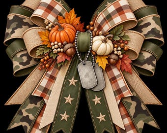 Fall Military Bow PNG | Patriotic Camo | Holiday | Pumpkins | Digital Download (Sublimation Clipart)