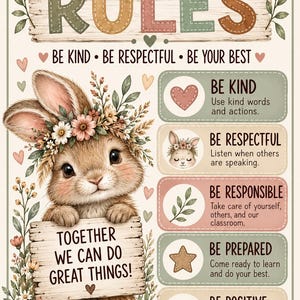 Puede incluir: Un póster de reglas de clase con un conejo marrón con una corona de flores, sosteniendo un letrero que dice TOGETHER WE CAN DO GREAT THINGS. El póster enumera reglas como BE KIND, BE RESPECTFUL, BE RESPONSIBLE, BE PREPARED y BE POSITIVE.