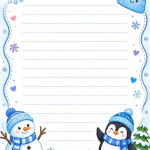May include: A piece of stationery paper featuring a winter theme with blue lined writing space. The border is decorated with a smiling snowflake, a blue knit hat, a snowman with a blue scarf, a penguin in a blue scarf, and small hearts.