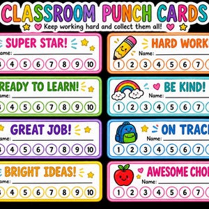 Peut inclure: Un ensemble de huit cartes de poinçonnage scolaires colorées avec le texte CLASSROOM PUNCH CARDS et Keep working hard and collect them all! Chaque carte comprend une ligne pour le nom, une icône de dessin animé et dix cercles numérotés.