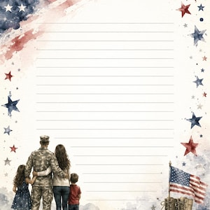 Pode incluir: Papel de carta com um design em aguarela que mostra um soldado com uniforme de camuflado de pé com uma família. A borda inclui estrelas vermelhas, brancas e azuis, uma bandeira americana a ondular e botas militares bege.