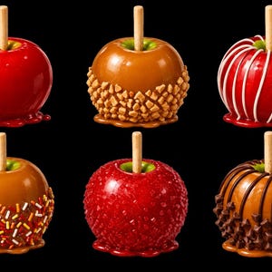 Pu&ograve; includere: Sei mele caramellate disposte su due file. La fila superiore presenta una mela rossa glassata, una mela al caramello con granella di noci e una mela rossa con strisce di glassa bianca. La fila inferiore mostra una mela al caramello con zuccherini, una mela rossa cristallizzata e una mela al caramello con gocce di cioccolato.