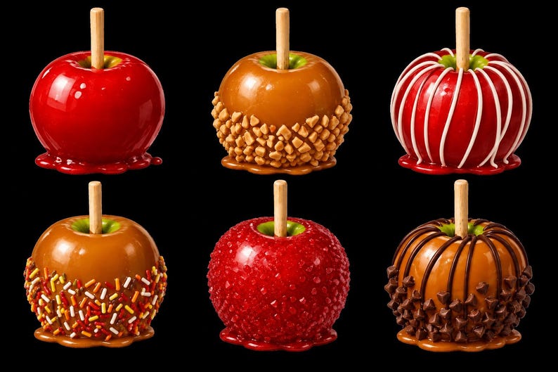 Pu&ograve; includere: Sei mele caramellate disposte su due file. La fila superiore presenta una mela rossa glassata, una mela al caramello con granella di noci e una mela rossa con strisce di glassa bianca. La fila inferiore mostra una mela al caramello con zuccherini, una mela rossa cristallizzata e una mela al caramello con gocce di cioccolato.