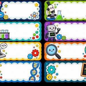 May include: A set of eight rectangular labels with scalloped edges, each featuring a white center and colorful borders. The designs include science-themed illustrations like a rocket, microscope, test tubes, robot, laptop, globe, DNA, and a chalkboard with the text THINK DISCOVER EXPLORE.