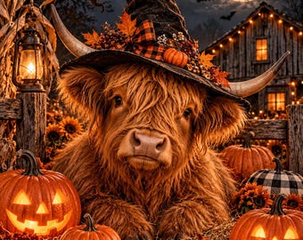 Printable  Spooky Highland Cow Wall Art | Farmhouse | Home Decor | Pumpkins | Witch Hat | Digital Download