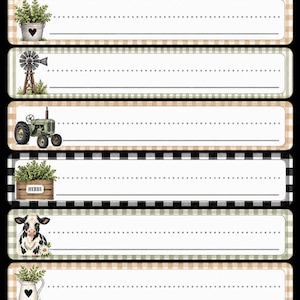 May include: A set of eight rectangular labels with rounded corners, featuring various farm-themed illustrations including a farmhouse, potted plants, a windmill, a green tractor, a crate labeled HERBS, a cow, and a chalkboard sign with the word love.