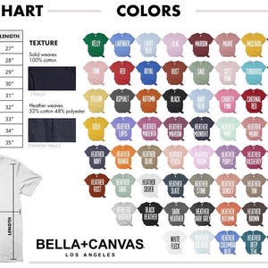 May include: Size chart and color options for t-shirts. Includes measurements in inches for sizes XS to 5XL. Features a variety of colors, fabric textures, and the Bella+Canvas logo.