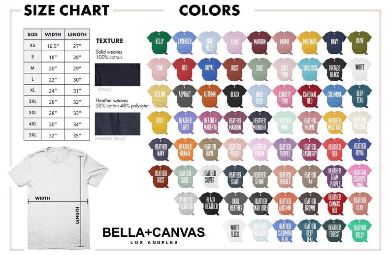 May include: Size chart and color options for t-shirts. Includes measurements in inches for sizes XS to 5XL. Features a variety of colors, fabric textures, and the Bella+Canvas logo.