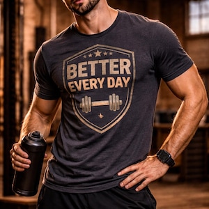 May include: Dark gray t-shirt with the text "BETTER EVERY DAY" in a shield design, featuring a barbell graphic. The person is holding a black water bottle and wearing a black watch. The person is also wearing black shorts.