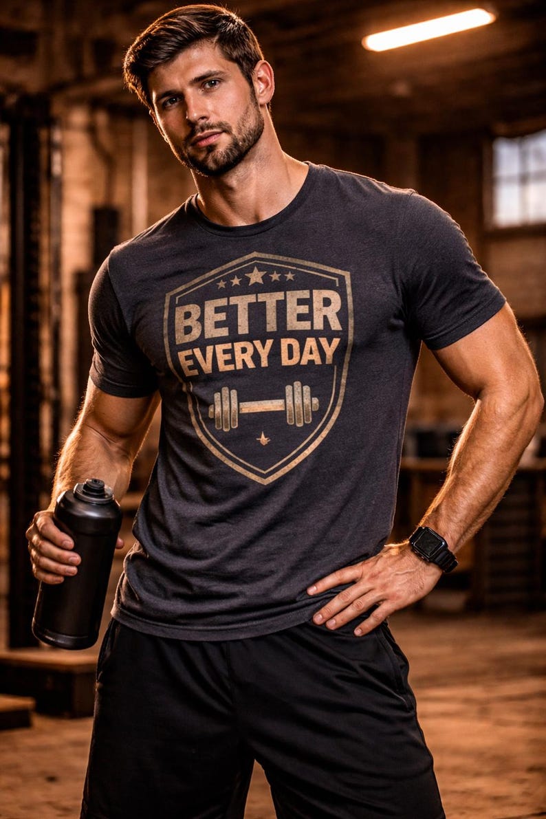 May include: Dark gray t-shirt with the text "BETTER EVERY DAY" in a shield design, featuring a barbell graphic. The person is holding a black water bottle and wearing a black watch. The person is also wearing black shorts.