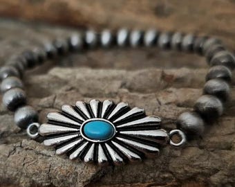 Turquoise Sunburst Western Bracelet, Navajo Pearl Stretch Bracelet, Cowgirl Boho Jewelry, Southwestern Silver Bracelet