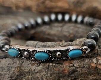 Turquoise Bar Western Bracelet, Navajo Pearl Stretch Bracelet, Cowgirl Southwest Jewelry, Silver Boho Bracelet, Rodeo Accessory