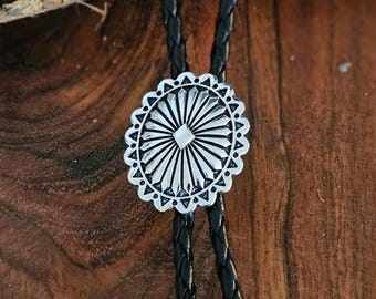 Sunburst Western Bolo Tie, Silver Concho Bolo Necklace, Cowboy Cowgirl Rodeo Accessory, Southwestern Bolo Tie