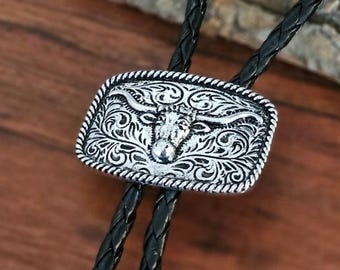 Longhorn Western Bolo Tie, Silver Cowboy Bolo Necklace, Rodeo Cowgirl Accessory, Southwestern Bolo Tie