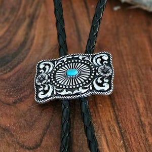 Rectangle Turquoise Western Bolo Tie, Silver Cowboy Bolo Necklace, Cowgirl Rodeo Accessory, Southwestern Bolo Tie