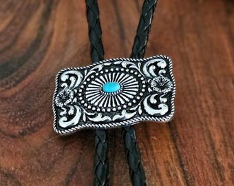 Rectangle Turquoise Western Bolo Tie, Silver Cowboy Bolo Necklace, Cowgirl Rodeo Accessory, Southwestern Bolo Tie