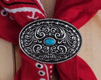 Turquoise Western Bandana Slide, Silver Concho Scarf Ring
