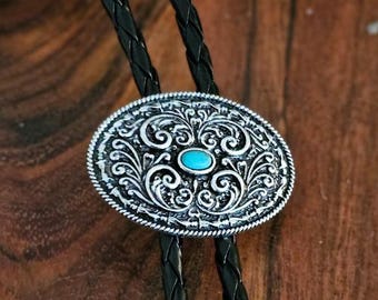 Turquoise Oval Western Bolo Tie, Silver Cowboy Bolo Necklace, Southwestern Cowgirl Rodeo Accessory