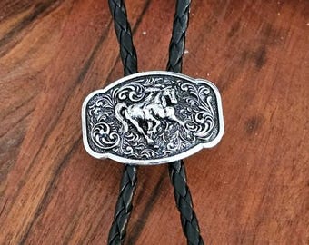 Running Horse Western Bolo Tie, Silver Cowboy Bolo Necklace, Rodeo Cowgirl Accessory, Southwestern Bolo