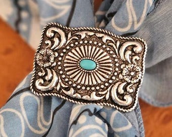 Square Turquoise Western Bandana Slide, Silver Concho Scarf Ring