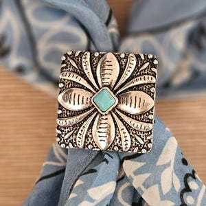 Turquoise Petal Western Bandana Slide, Silver Square Concho Scarf Ring