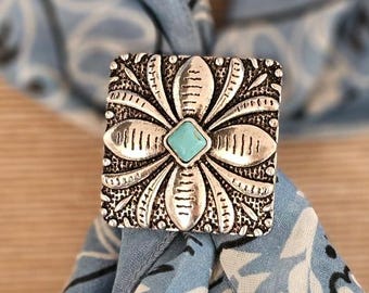 Turquoise Petal Western Bandana Slide, Silver Square Concho Scarf Ring