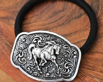 Running Horse Western Concho Hair Tie, Silver Ponytail Holder, Cowgirl Rodeo Hair Accessory, Southwestern Gift