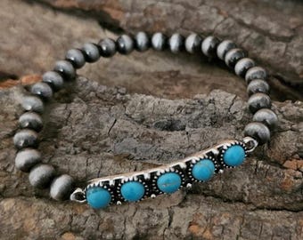 Turquoise Five-Stone Western Bracelet, Navajo Pearl Stretch Bracelet, Southwestern Cowgirl Jewelry, Silver Boho Rodeo Bracelet