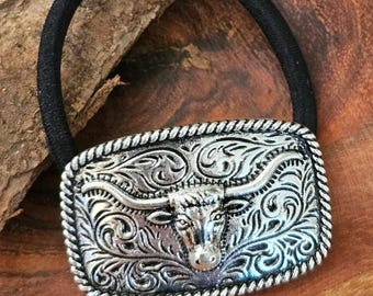Longhorn Western Concho Hair Tie, Silver Cowgirl Ponytail Holder, Rodeo Hair Accessory, Southwestern Gift