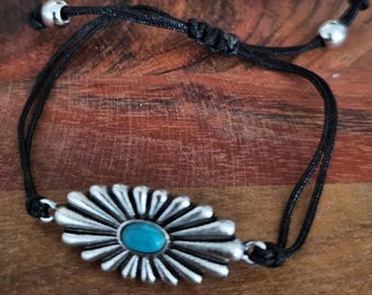 Turquoise Sunburst Western Bracelet, Adjustable Cord Cowgirl Jewelry, Silver Southwestern Boho Bracelet, Rodeo Accessory