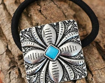 Turquoise Square Western Concho Hair Tie, Silver Cowgirl Ponytail Holder, Southwestern Boho Hair Accessory