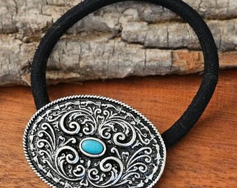 Turquoise Western Concho Hair Tie, Silver Oval Ponytail Holder, Cowgirl Boho Southwestern Hair Accessory