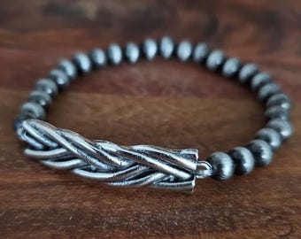Western Feather Bar Bracelet, Navajo Pearl Stretch Bracelet, Cowgirl Boho Jewelry, Southwestern Silver Bracelet