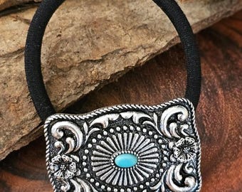 Turquoise Western Concho Hair Tie, Silver Rectangle Ponytail Holder, Cowgirl Boho Southwestern Hair Accessory