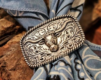 Longhorn Western Bandana Slide, Silver Scarf Ring