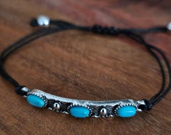 Turquoise Bar Western Bracelet, Adjustable Cord Cowgirl Jewelry, Silver Southwestern Boho Bracelet, Rodeo Accessory