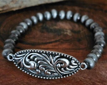 Western Scroll Bar Bracelet, Navajo Pearl Stretch Bracelet, Cowgirl Boho Jewelry, Southwestern Silver Bracelet, Rodeo Accessory