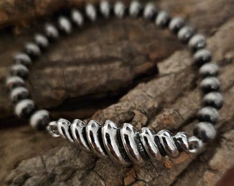 Western Coil Bar Bracelet, Navajo Pearl Stretch Bracelet, Cowgirl Boho Jewelry, Southwestern Silver Bracelet, Rodeo Accessory