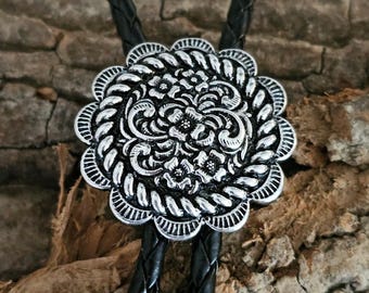 Floral Western Bolo Tie, Silver Concho Bolo Necklace, Cowgirl Cowboy Rodeo Accessory