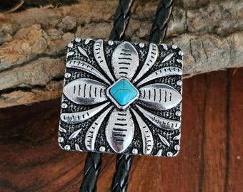 Square Turquoise Western Bolo Tie, Silver Petal Concho Bolo Necklace, Cowboy Cowgirl Rodeo Accessory