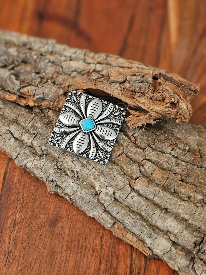 Turquoise Petal Western Bandana Slide, Silver Square Concho Scarf Ring image 4