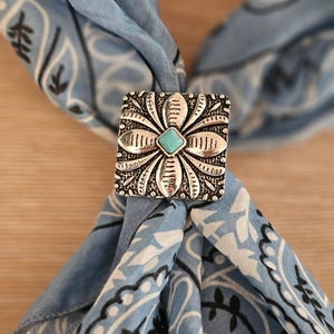 Turquoise Petal Western Bandana Slide, Silver Square Concho Scarf Ring with turquoise