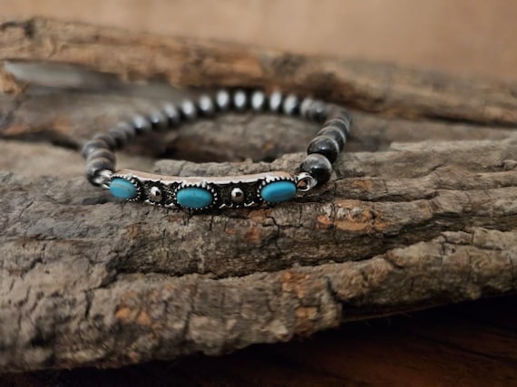 Turquoise Bar Western Bracelet, Navajo Pearl Stretch Bracelet, Cowgirl Southwest Jewelry, Silver Boho Bracelet, Rodeo Accessory