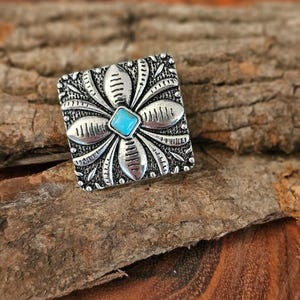 Turquoise Petal Western Bandana Slide, Silver Square Concho Scarf Ring image 6
