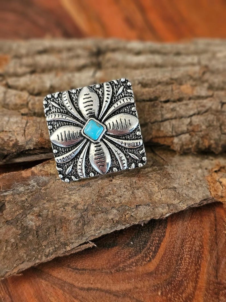 Turquoise Petal Western Bandana Slide, Silver Square Concho Scarf Ring image 6