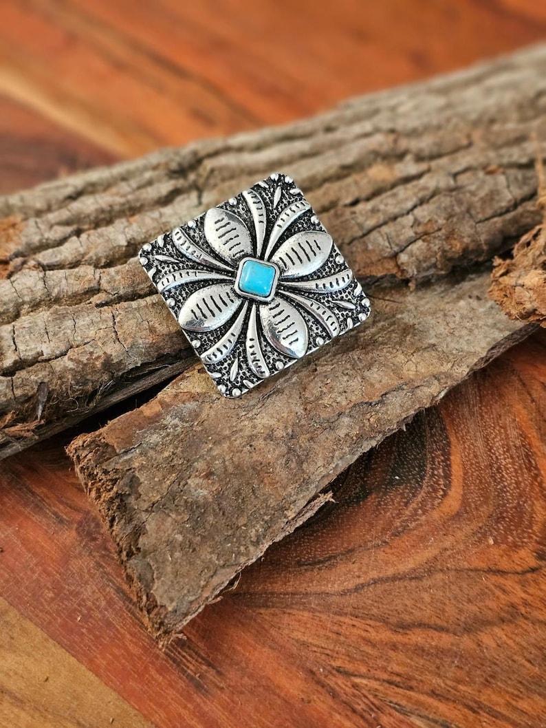 Turquoise Petal Western Bandana Slide, Silver Square Concho Scarf Ring image 5