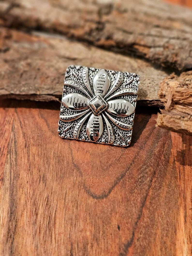 Turquoise Petal Western Bandana Slide, Silver Square Concho Scarf Ring wo turquoise