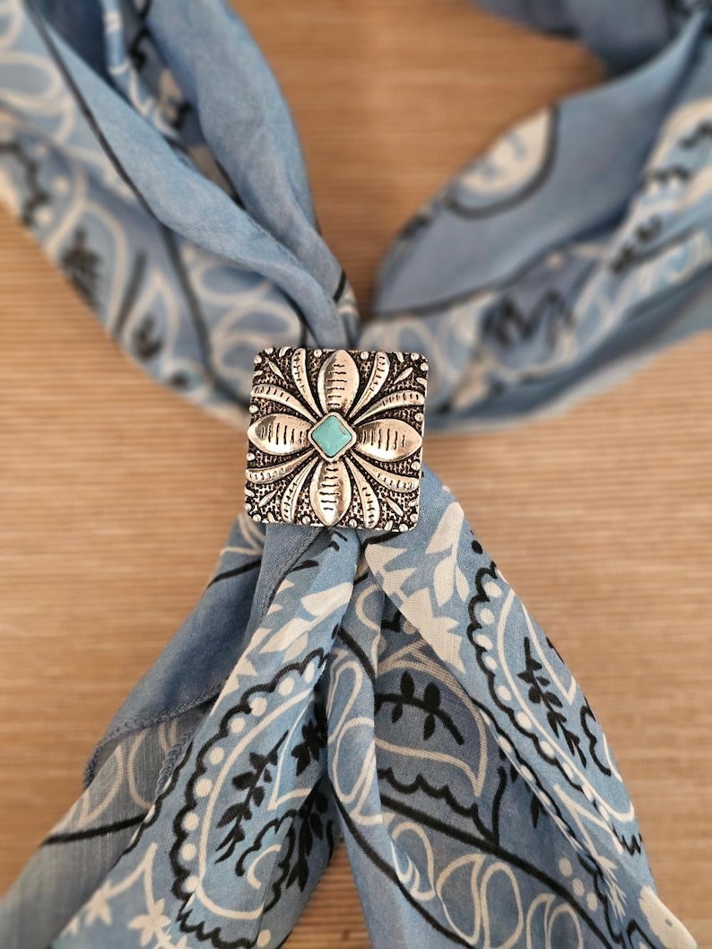 Turquoise Petal Western Bandana Slide, Silver Square Concho Scarf Ring image 1