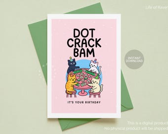 Funny Mahjong Birthday Card Dot Crack Bam It’s Your Birthday Printable 5x7 Cute Cats Playing Mah Jongg Digital Download Bday Card for Friend